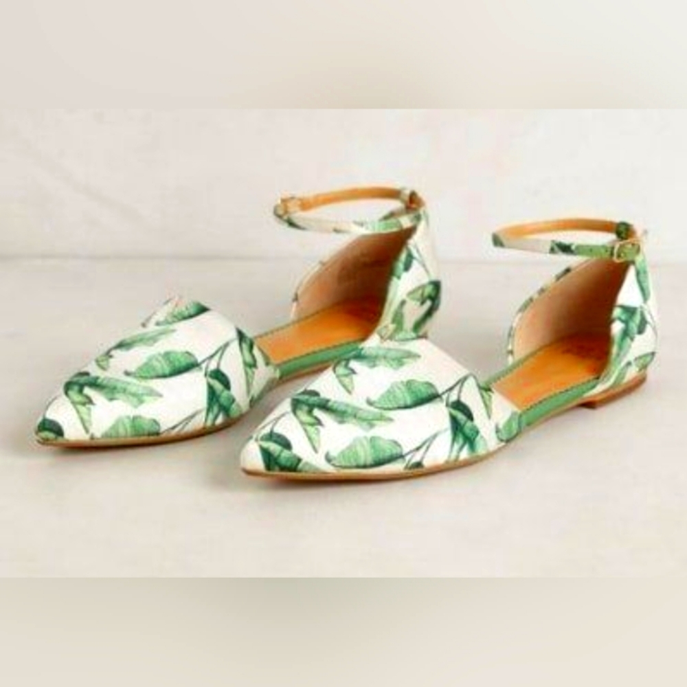 Anthropologie Jasper & Jeera Tropical Print Flats w/Ankle Strap Size 7